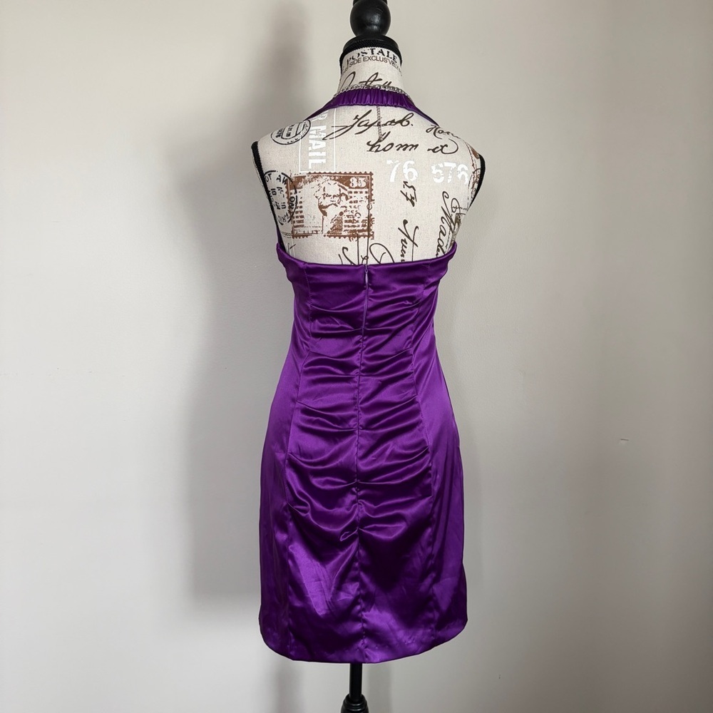 Vintage 90s Purple Ruched Halter Mini Dress Rhinestone Glam Prom Party - Picture 5 of 11
